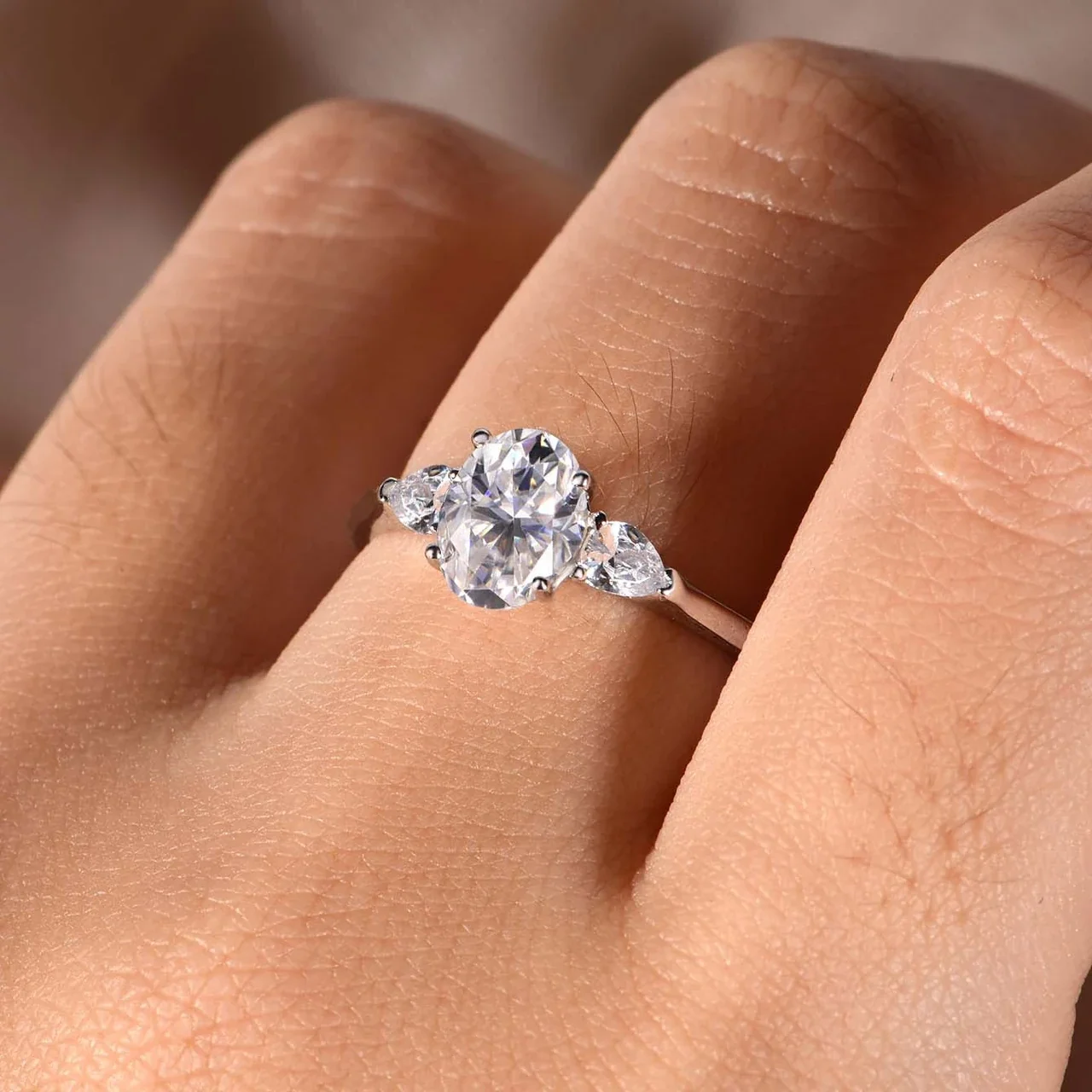 Elegant 925 Sterling Silver Oval & Pear Three-Stone Ring