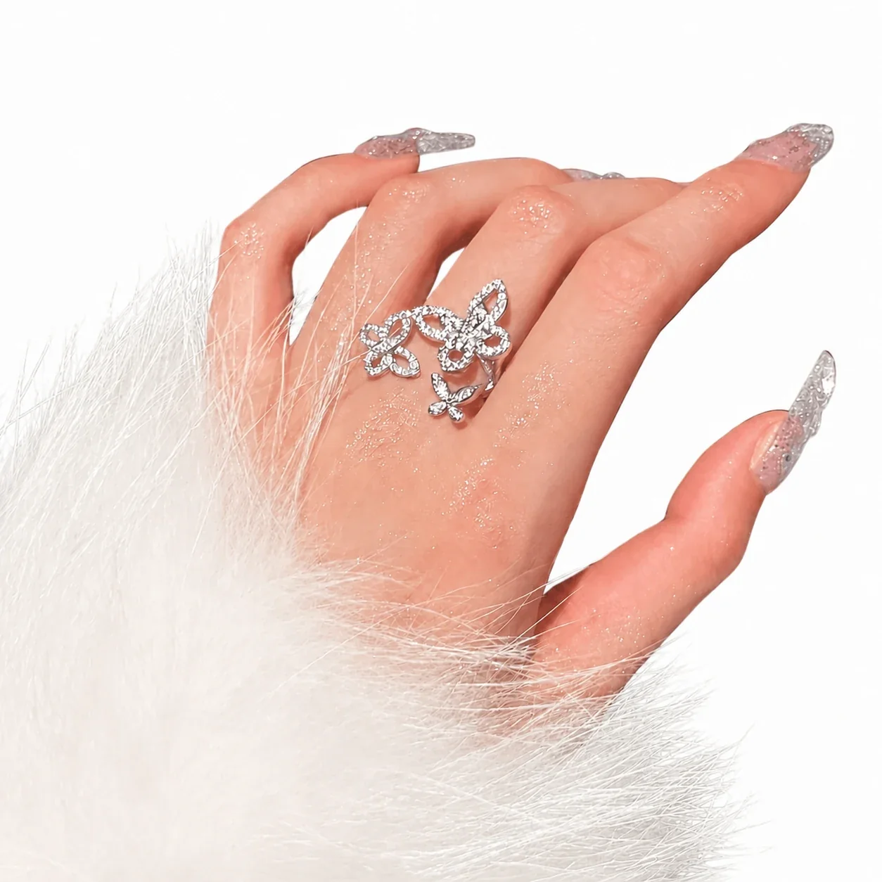 Ethereal Silver-Plated Triple Butterfly Open Copper Ring