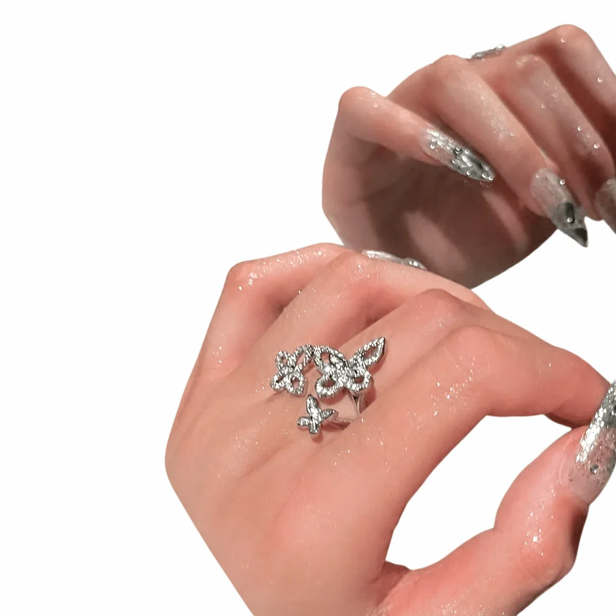 Ethereal Silver-Plated Triple Butterfly Open Copper Ring
