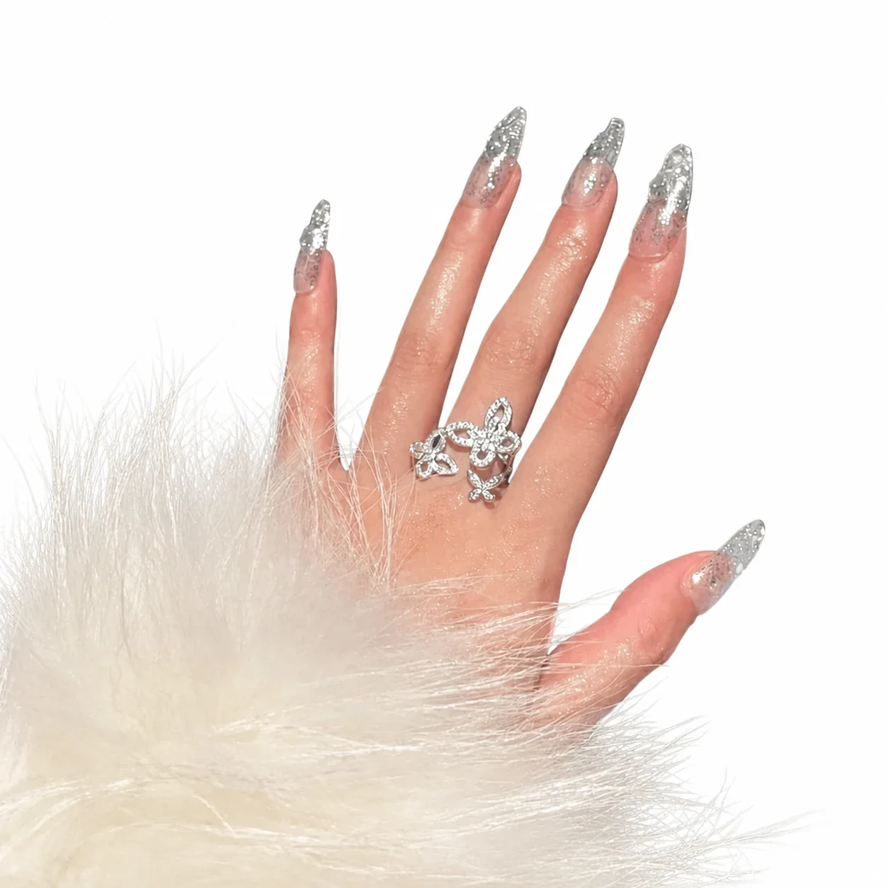Ethereal Silver-Plated Triple Butterfly Open Copper Ring
