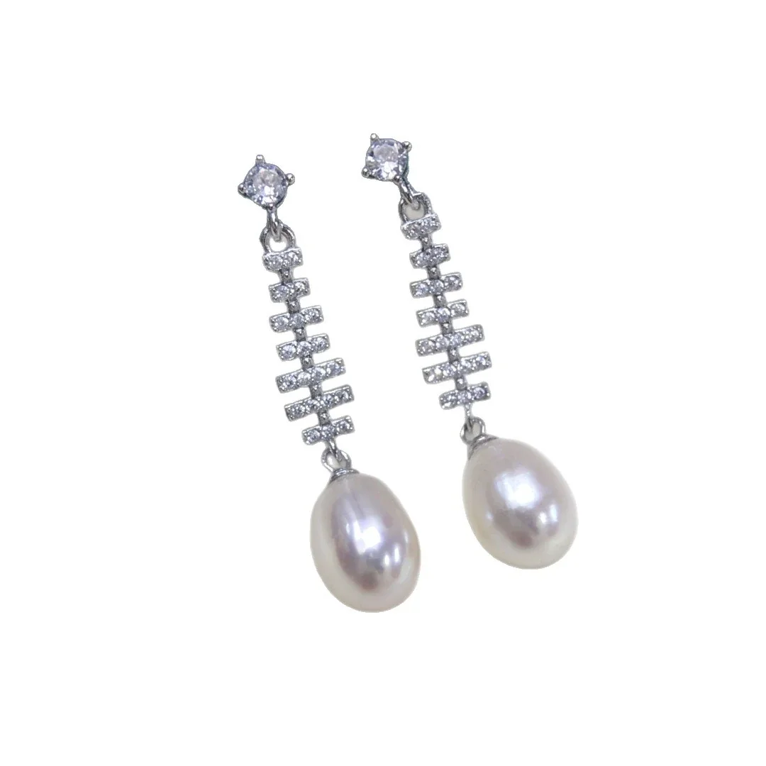 Luminous Prong-Set CZ Fishbone Pearl Drop Earrings