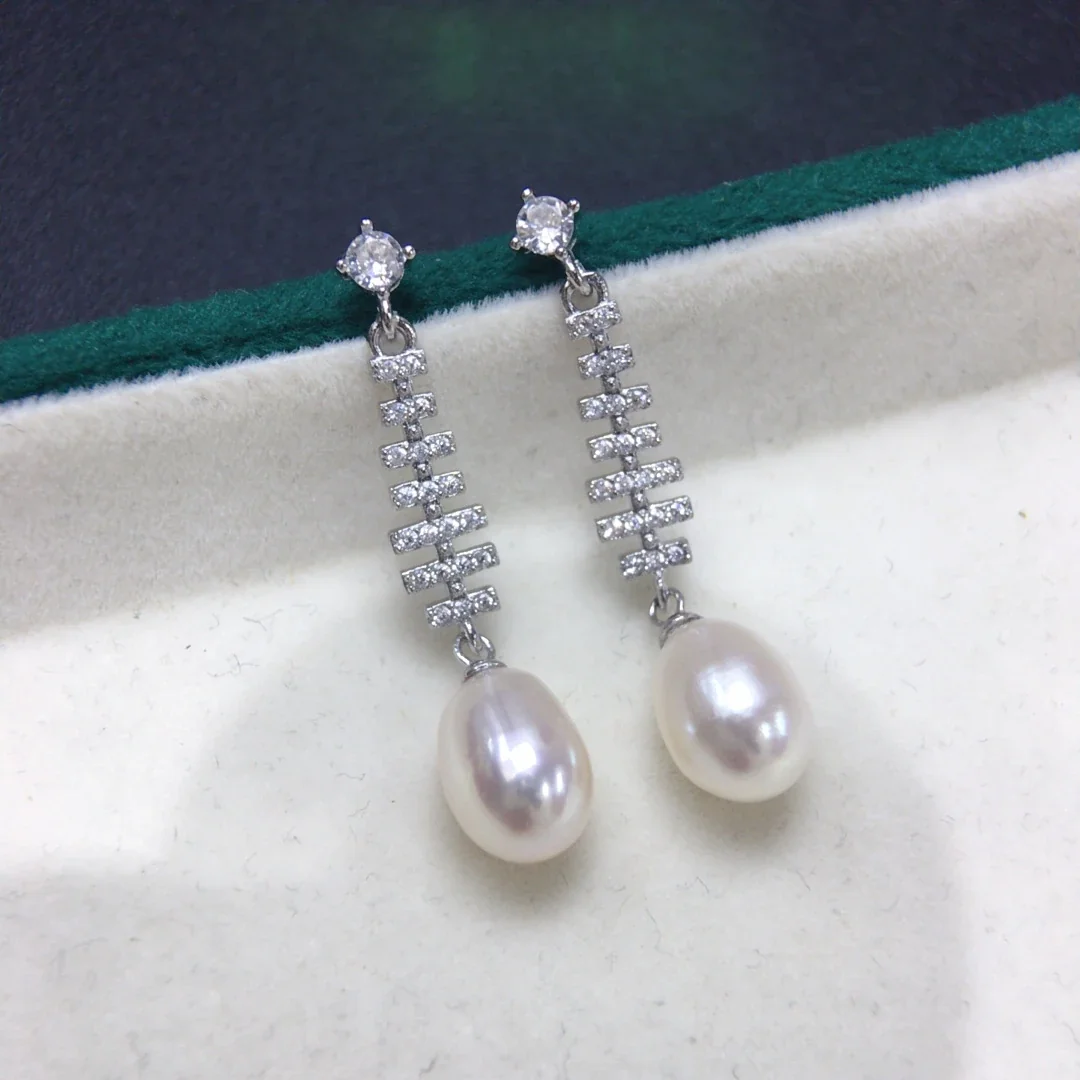 Luminous Prong-Set CZ Fishbone Pearl Drop Earrings