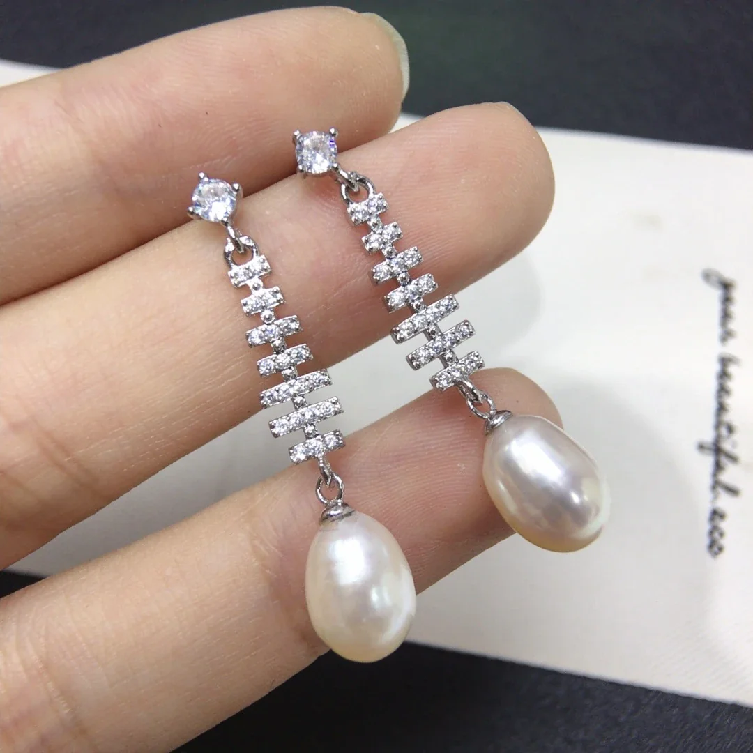 Luminous Prong-Set CZ Fishbone Pearl Drop Earrings