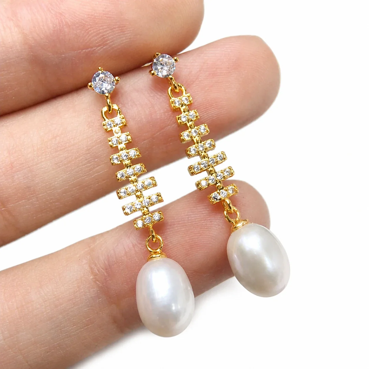 Luminous Prong-Set CZ Fishbone Pearl Drop Earrings - Gold