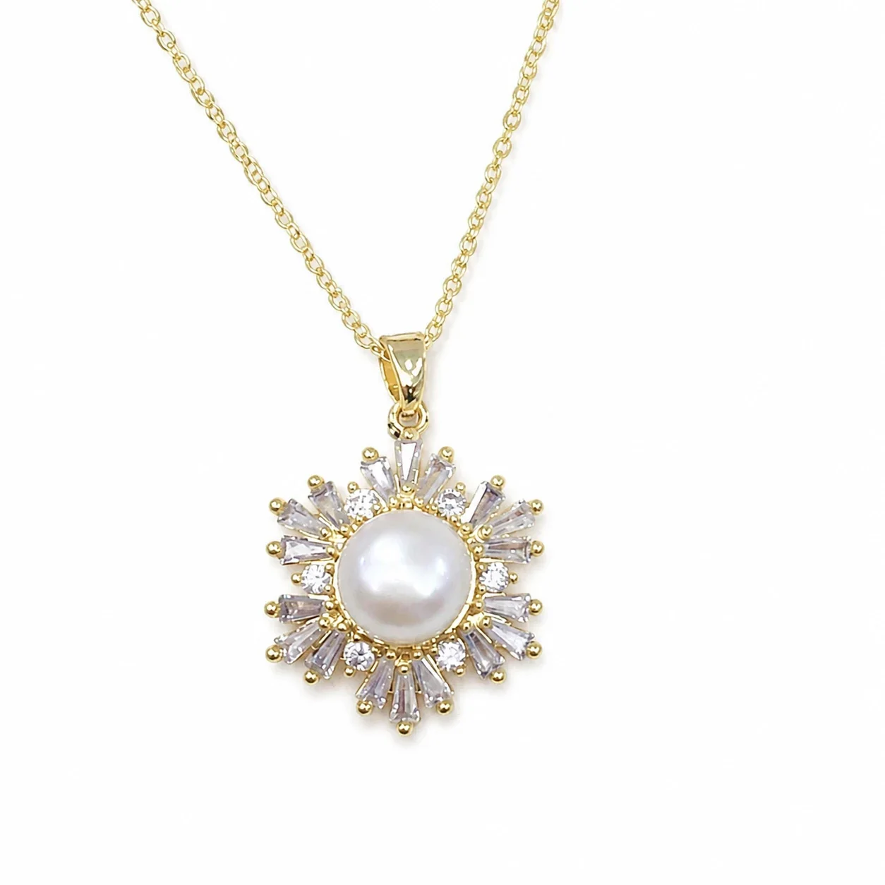 Radiant Gold-Plated Snowflake Baguette Pearl Pendant Necklace