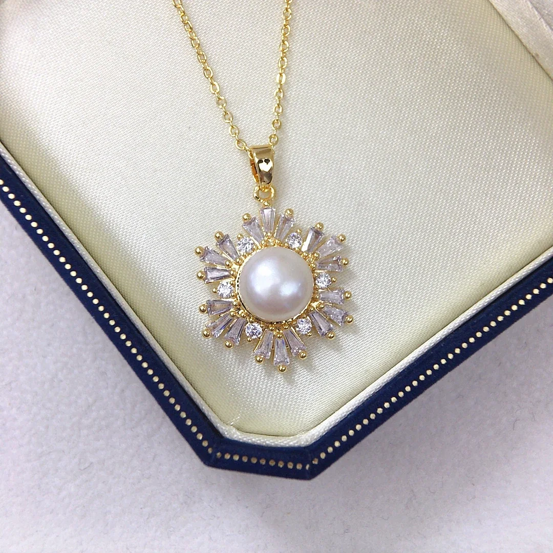 Radiant Gold-Plated Snowflake Baguette Pearl Pendant Necklace