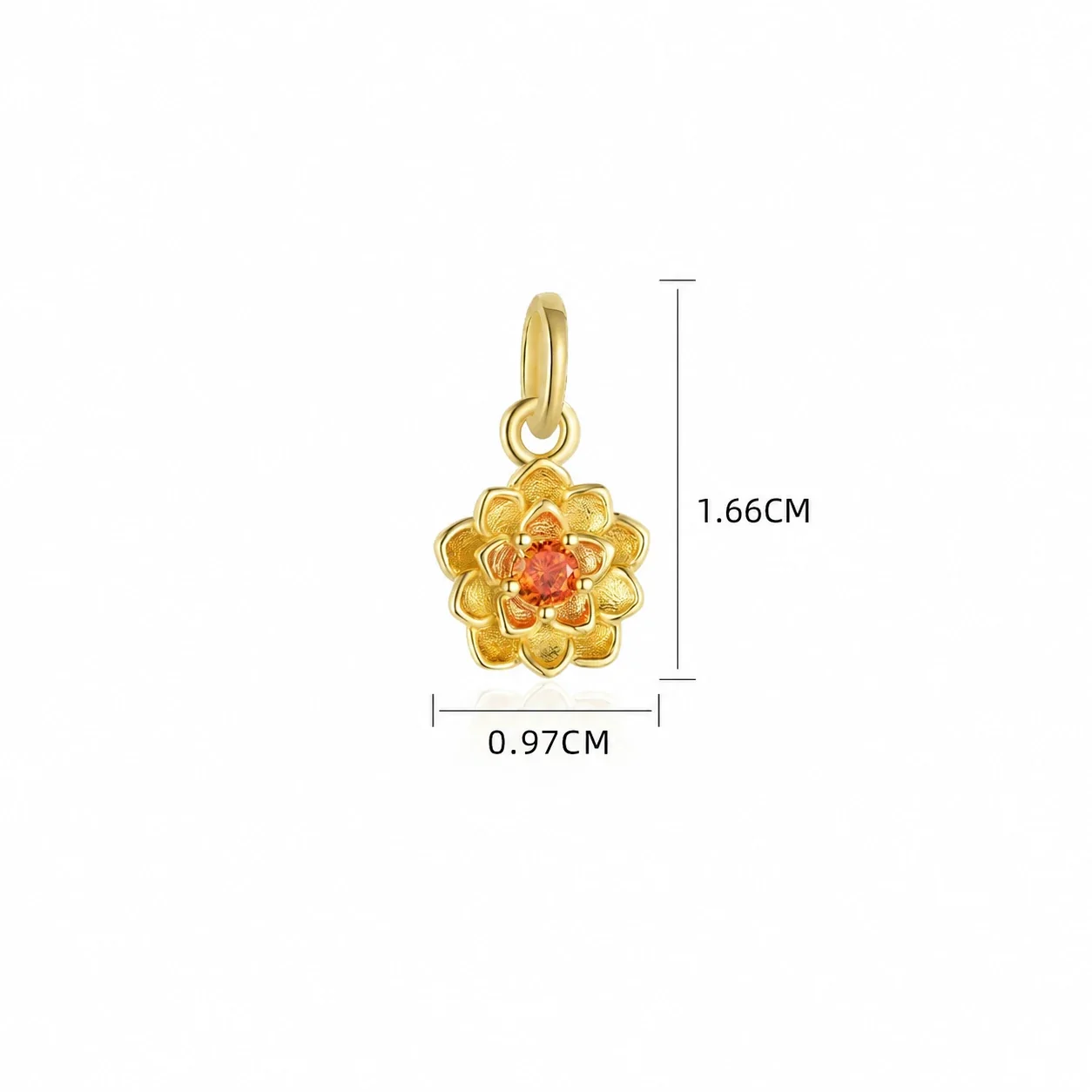Botanical 925 Sterling Silver Textured Flower CZ Pendant - Gold Orange-Red Lotus