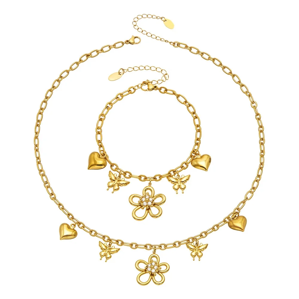 Playful Flower CZ Heart Gold-Plated Stainless Steel Jewelry Set