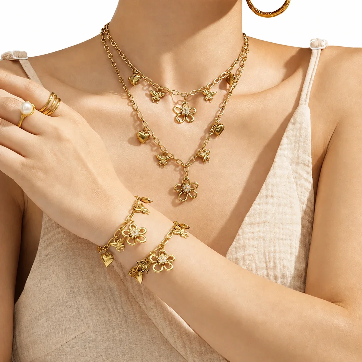 Playful Flower CZ Heart Gold-Plated Stainless Steel Jewelry Set