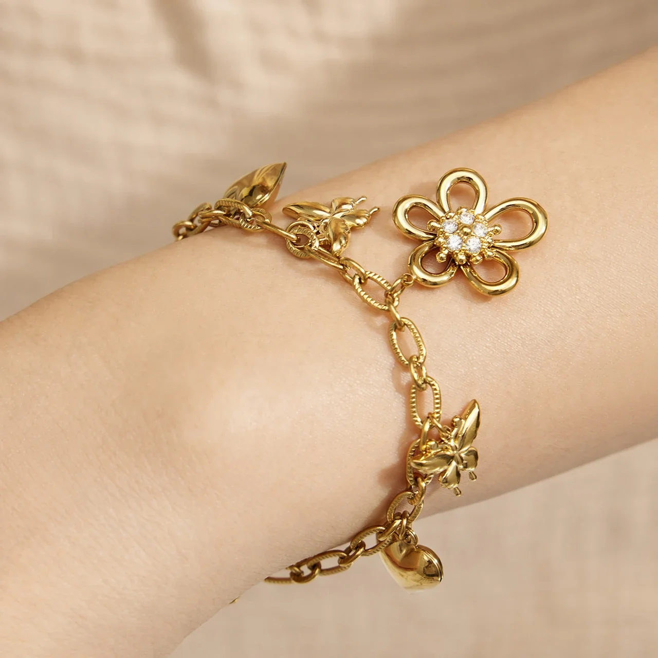 Playful Flower CZ Heart Gold-Plated Stainless Steel Jewelry Set