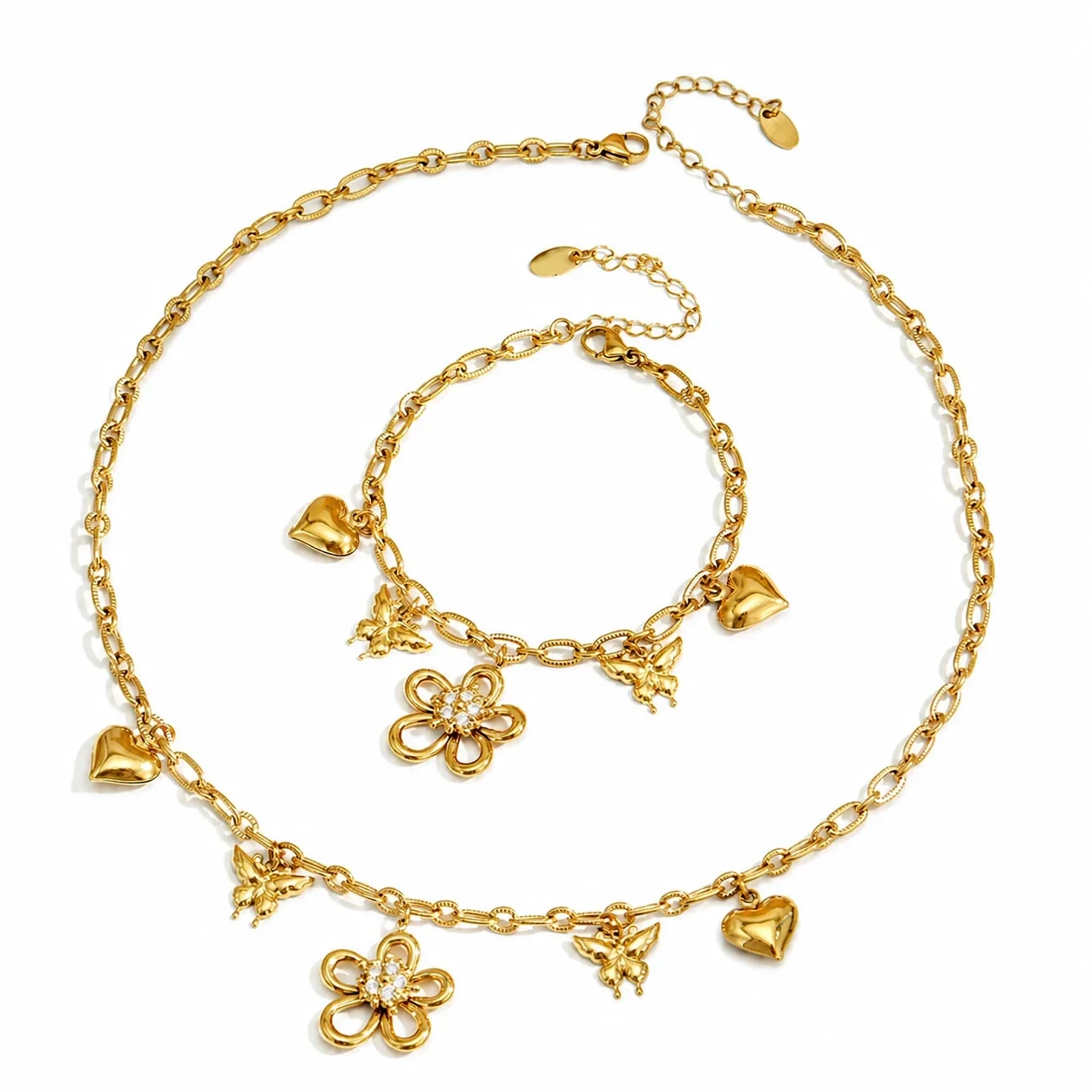 Playful Flower CZ Heart Gold-Plated Stainless Steel Jewelry Set