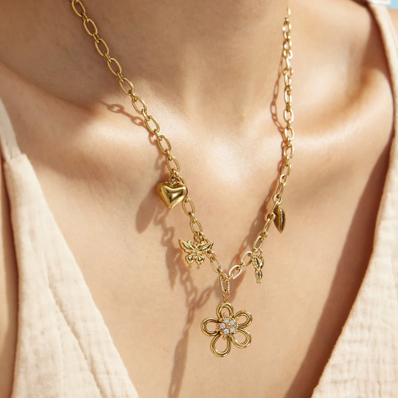 Playful Flower CZ Heart Gold-Plated Stainless Steel Jewelry Set