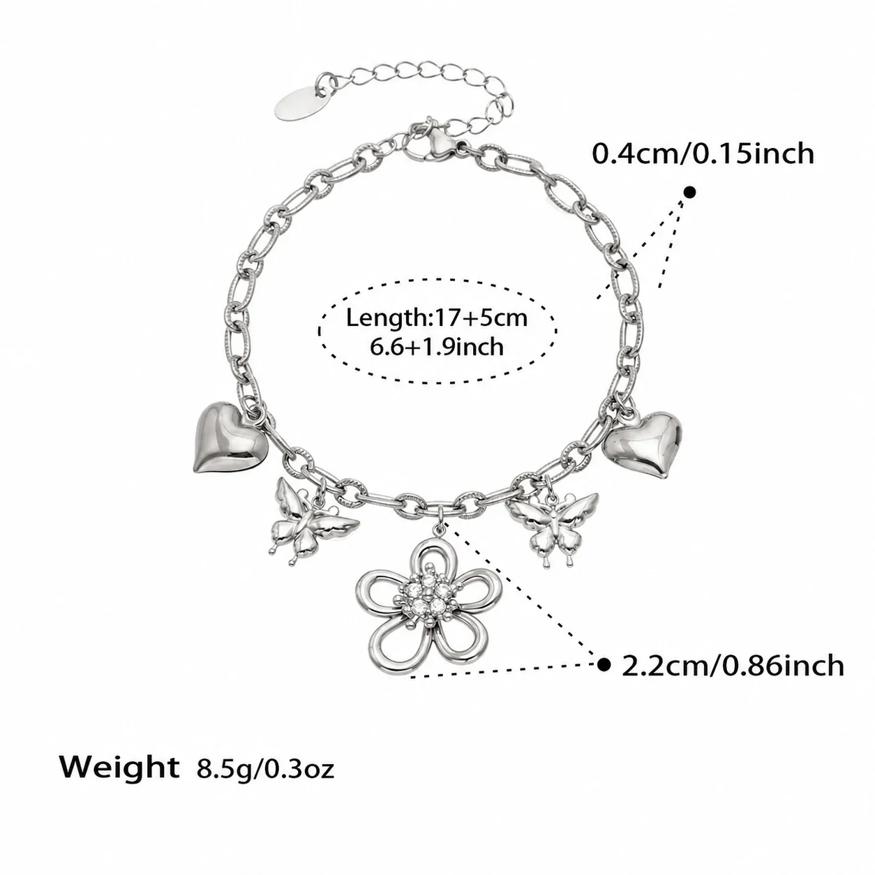Playful Flower CZ Heart Gold-Plated Stainless Steel Jewelry Set - Silver Flower CZ 17+5 cm