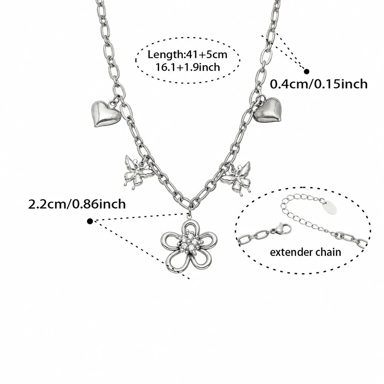 Playful Flower CZ Heart Gold-Plated Stainless Steel Jewelry Set - Silver Flower CZ 41+5 cm