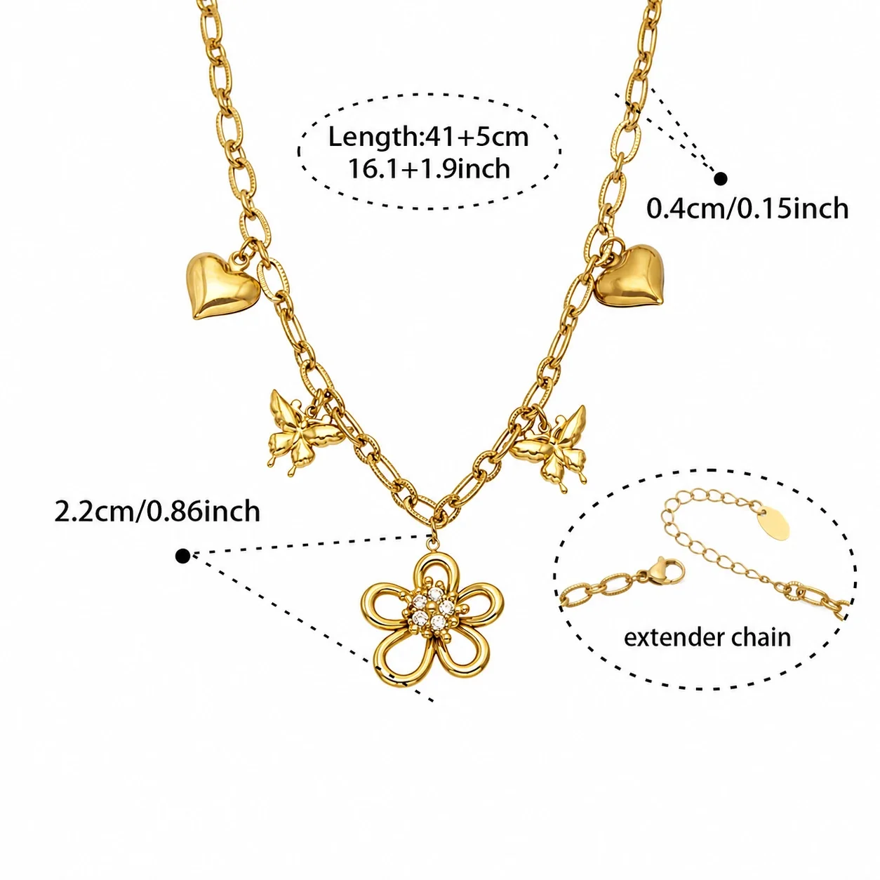 Playful Flower CZ Heart Gold-Plated Stainless Steel Jewelry Set - Gold Flower CZ 41+5 cm