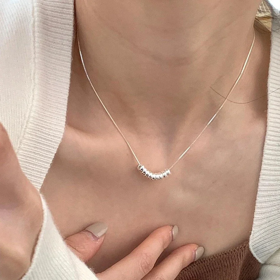 Delicate Polished 925 Sterling Silver Box Chain Bead Necklace
