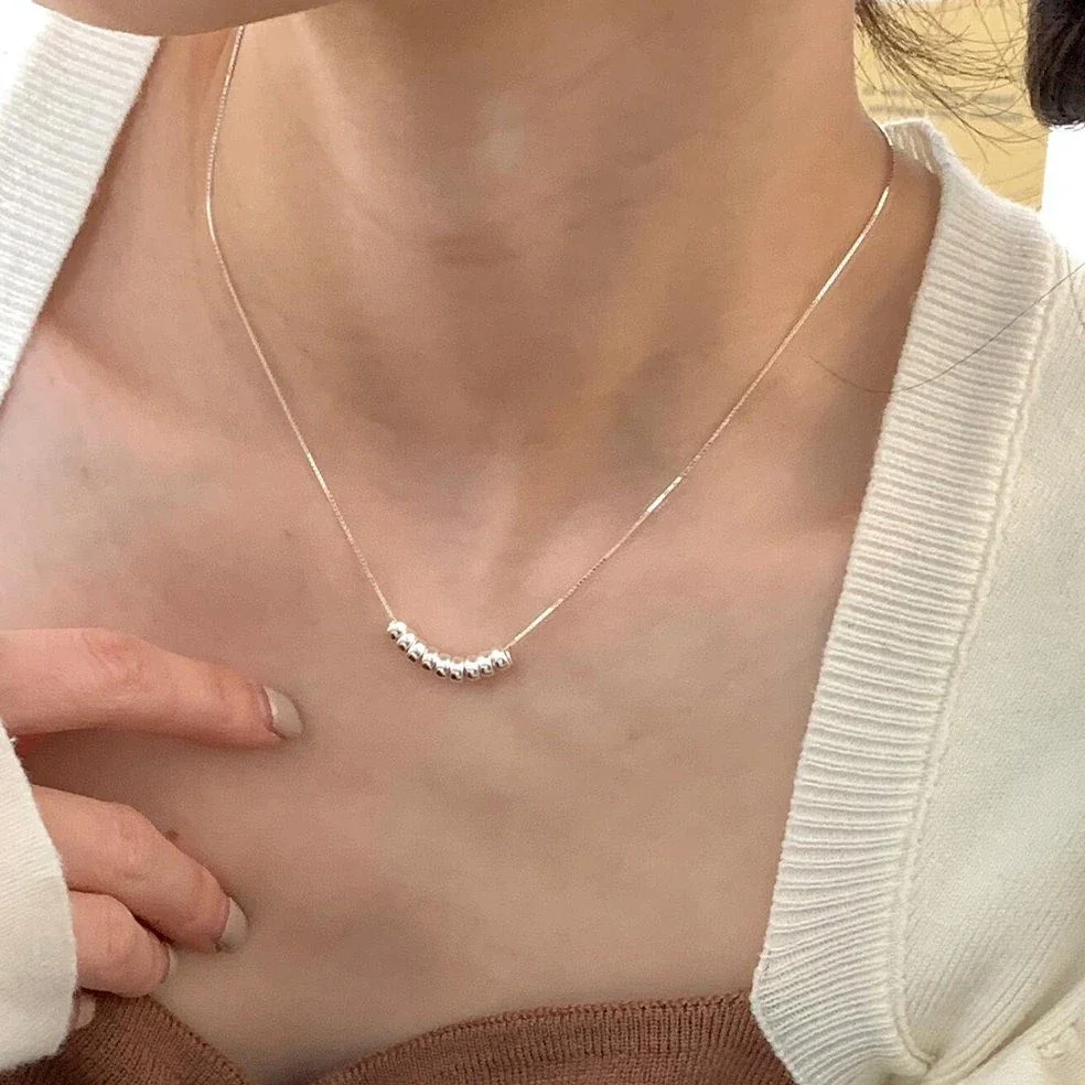 Delicate Polished 925 Sterling Silver Box Chain Bead Necklace