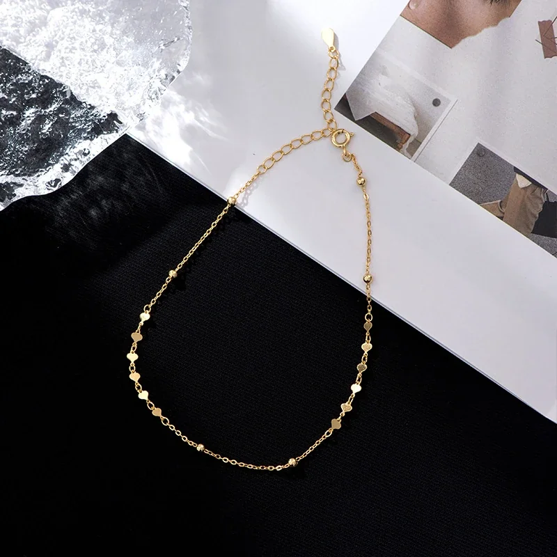 Delicate 925 Sterling Silver Heart Disc Bead Anklet - Gold