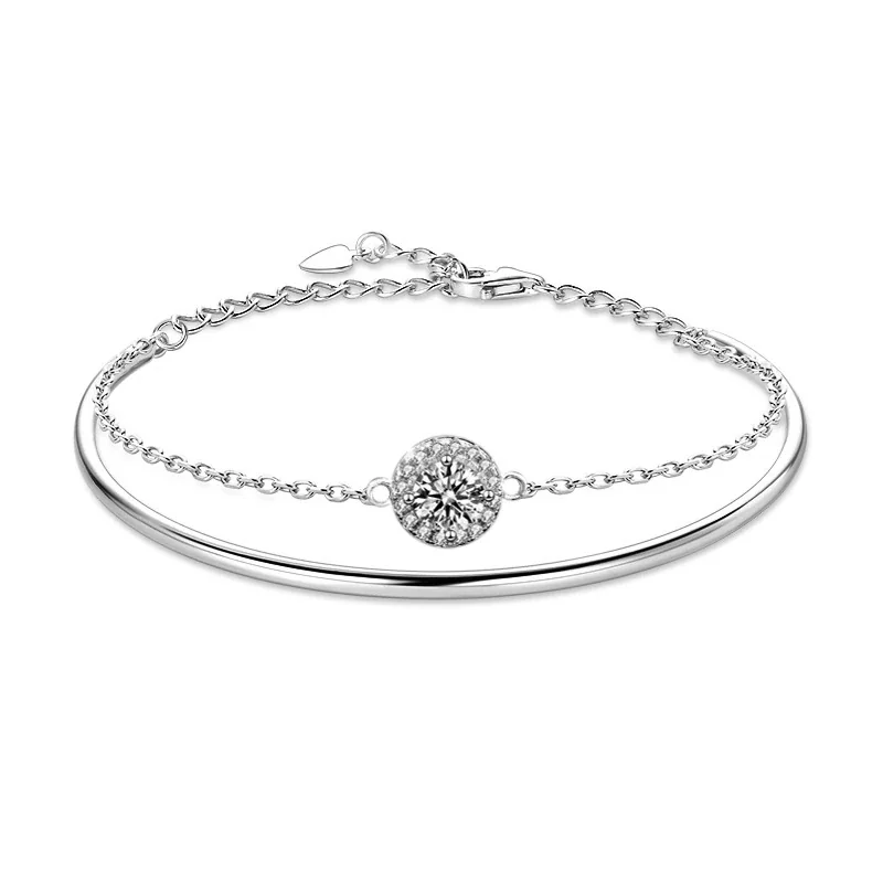 Polished 925 Sterling Silver Halo Chain Bangle Moissanite Bracelet