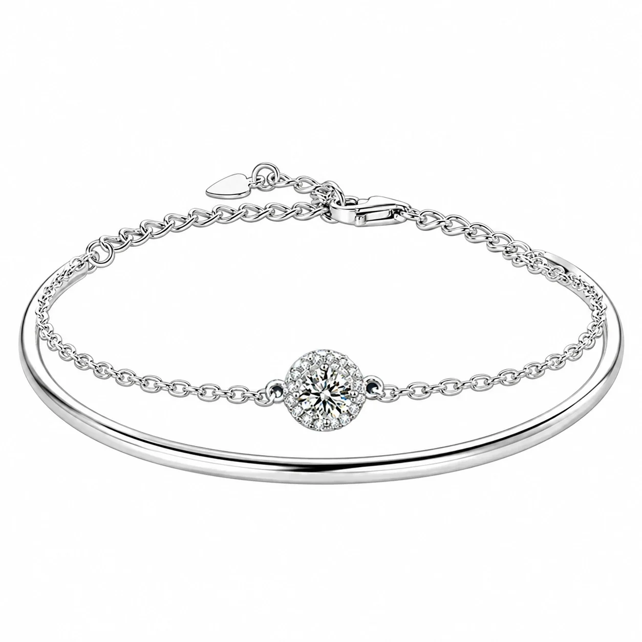 Polished 925 Sterling Silver Halo Chain Bangle Bracelet