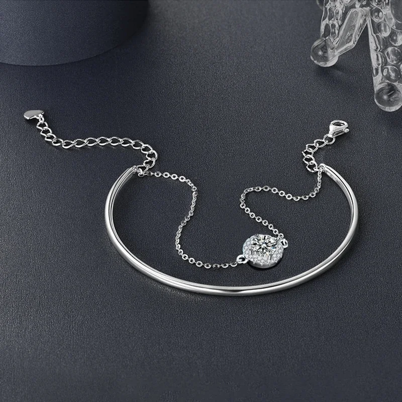 Polished 925 Sterling Silver Halo Chain Bangle Bracelet