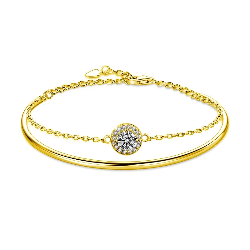 Polished 925 Sterling Silver Halo Chain Bangle Bracelet - Gold