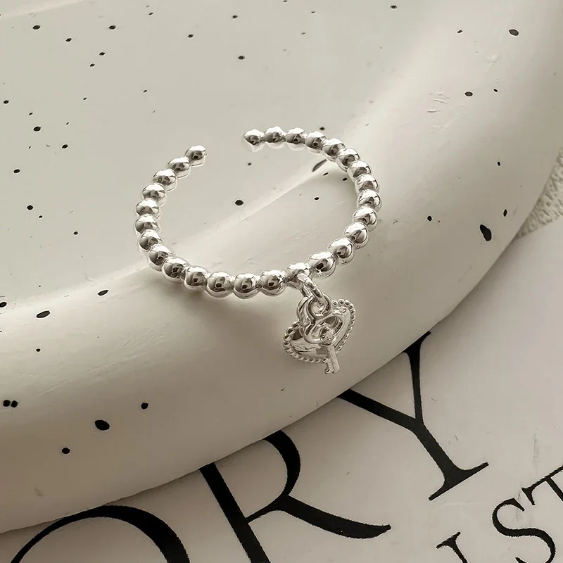 Beaded Heart-Key Charm 925 Sterling Silver Ring