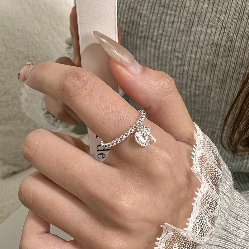 Beaded Heart-Key Charm 925 Sterling Silver Ring