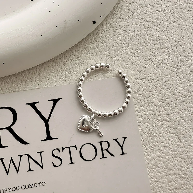 Beaded Heart-Key Charm 925 Sterling Silver Ring