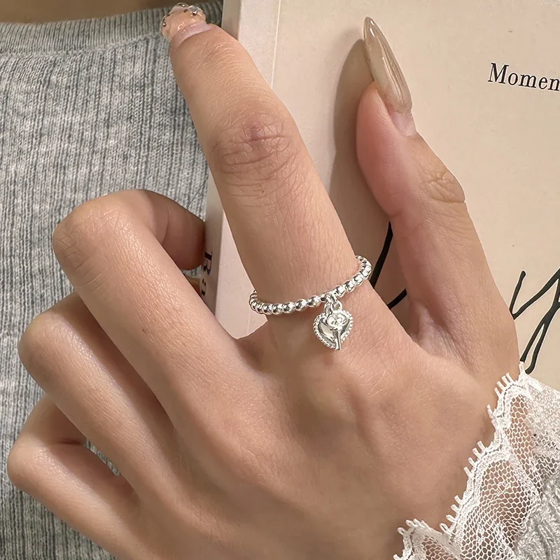 Beaded Heart-Key Charm 925 Sterling Silver Ring