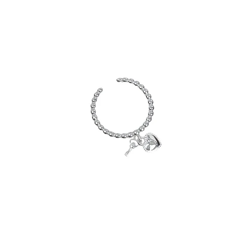Beaded Heart-Key Charm 925 Sterling Silver Ring - Silver
