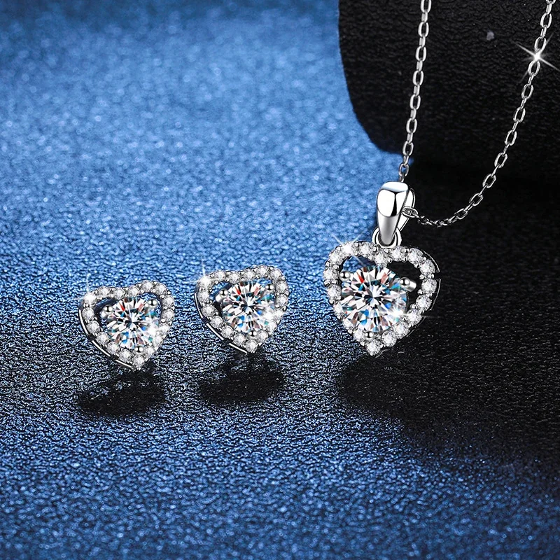 Radiant Heart Halo Moissanite 925 Sterling Silver Jewelry Set