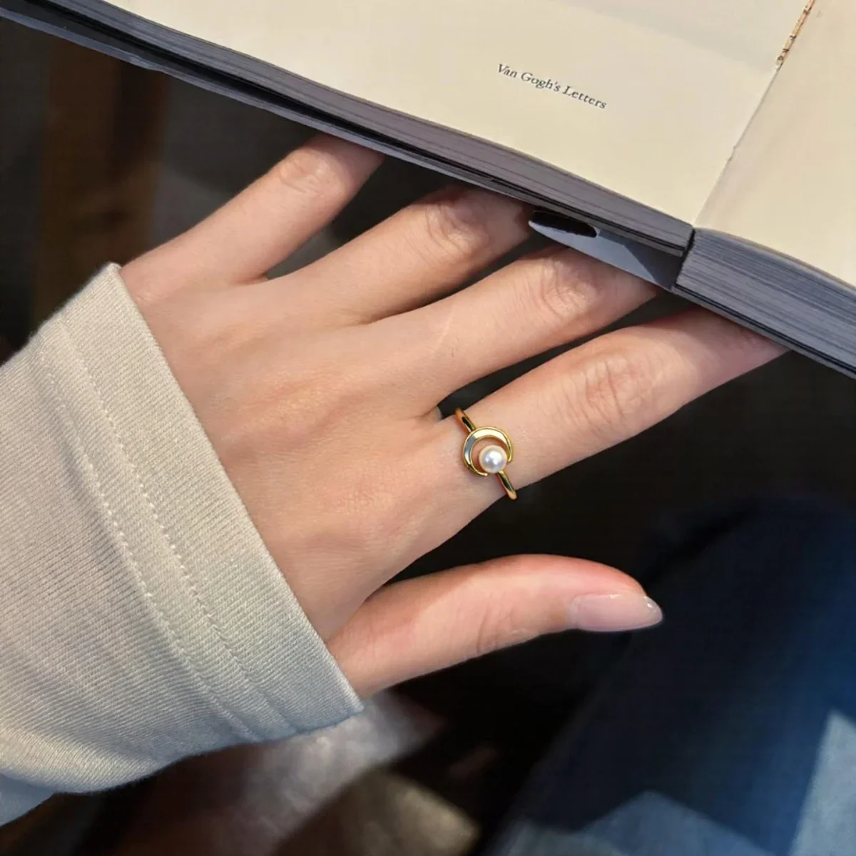 Lustrous Plated Crescent Freshwater Pearl Open Ring
