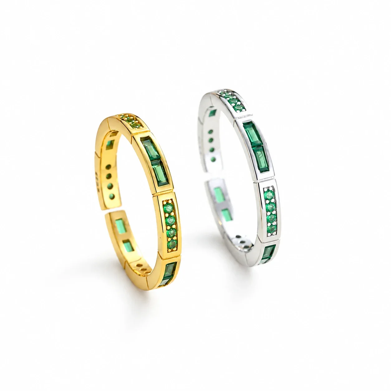 Refined Green Baguette and Pavé 925 Sterling Silver Ring
