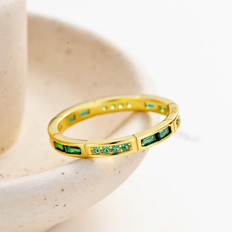 Refined Green Baguette and Pavé 925 Sterling Silver Ring