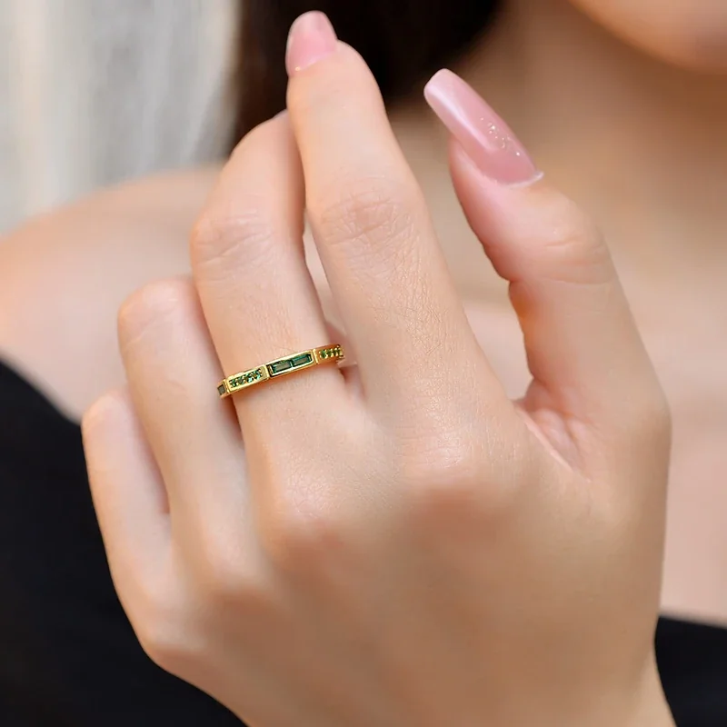 Refined Green Baguette and Pavé 925 Sterling Silver Ring