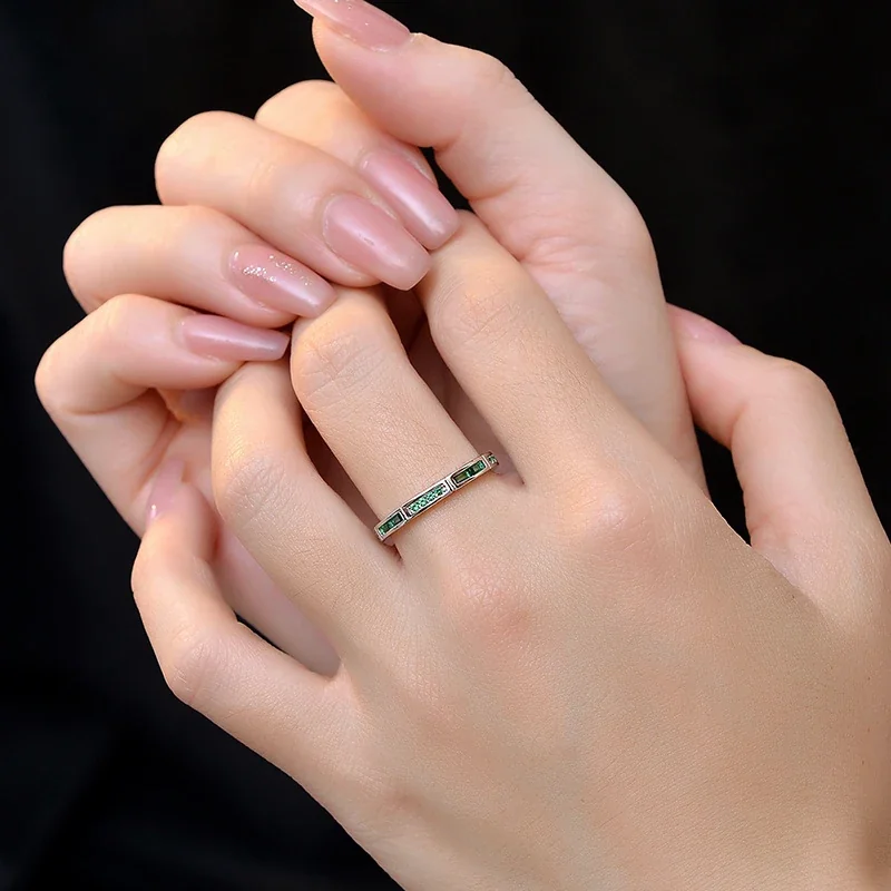 Refined Green Baguette and Pavé 925 Sterling Silver Ring