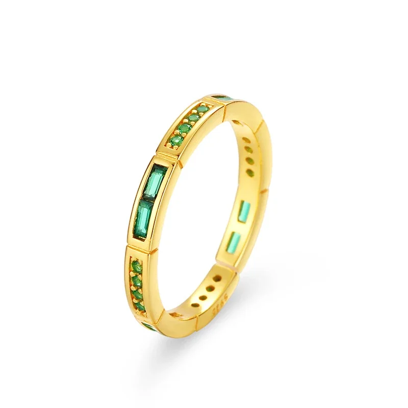 Refined Green Baguette and Pavé 925 Sterling Silver Ring - Gold