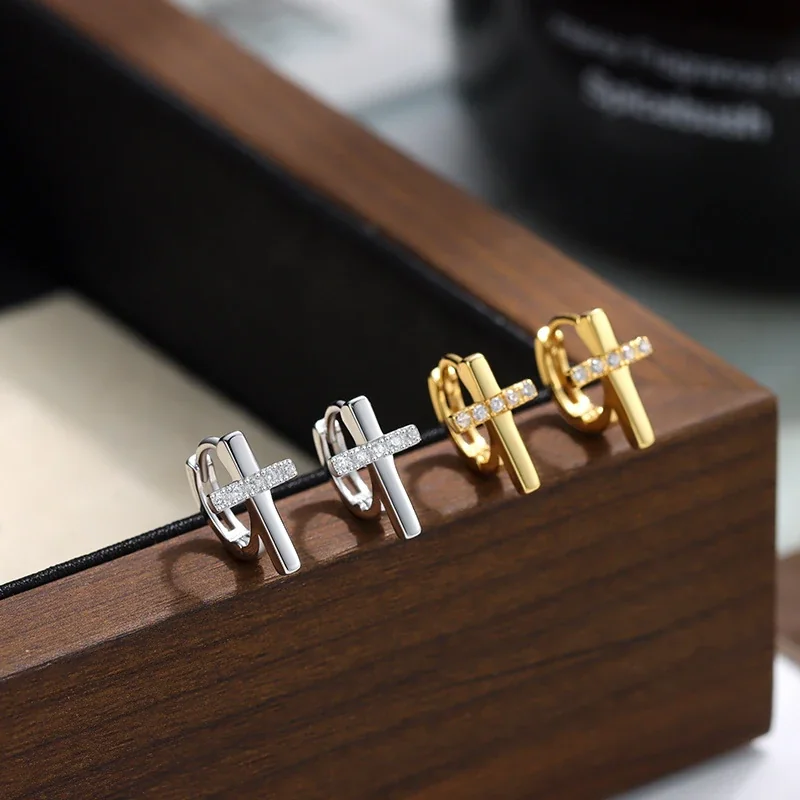 Radiant 925 Sterling Silver Cross Stone-Bar Hoop Earrings