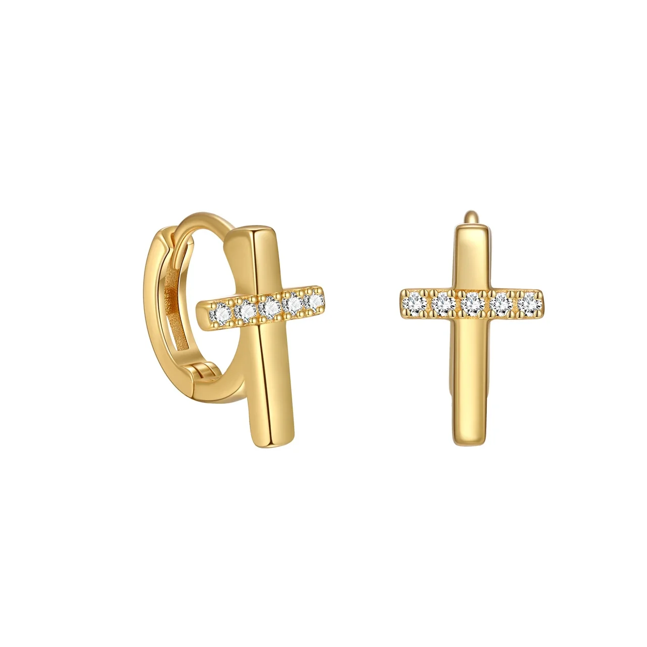 Radiant 925 Sterling Silver Cross Stone-Bar Hoop Earrings - Gold