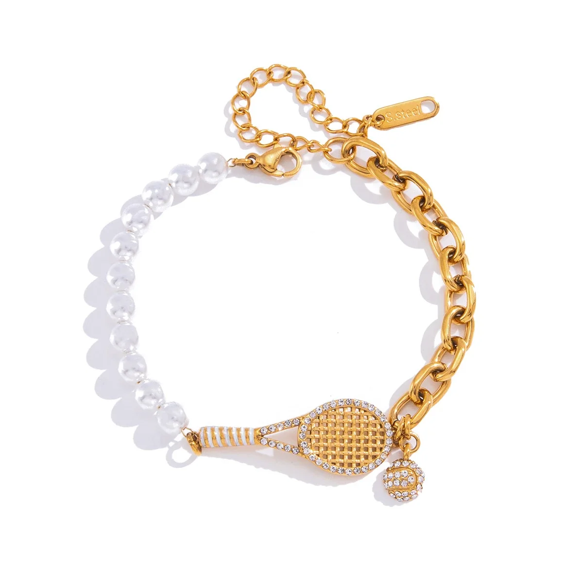 Playful Gold-Plated Tennis Racket Pearl-Effect Chain Bracelet