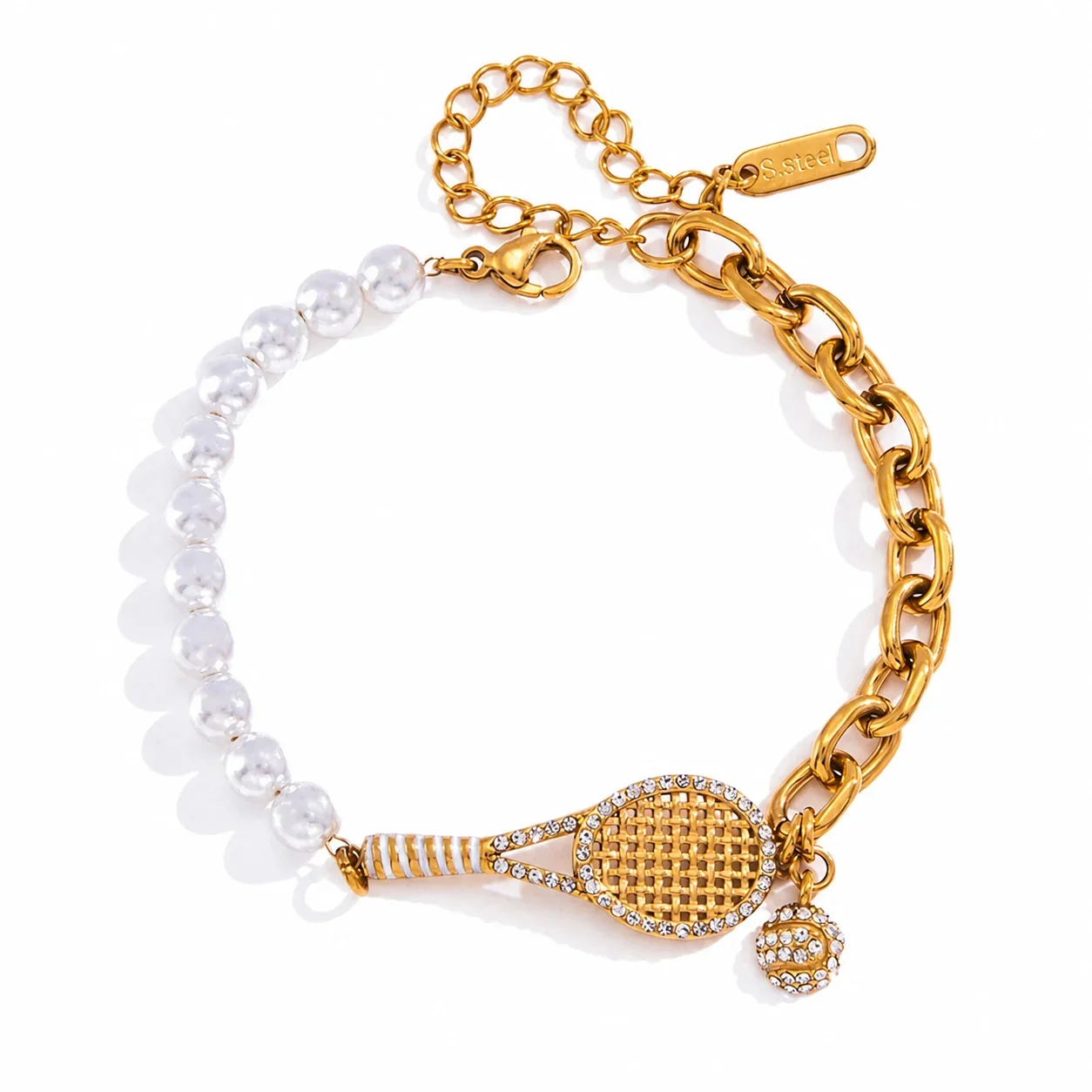 Playful Gold-Plated Tennis Racket Pearl-Effect Chain Bracelet