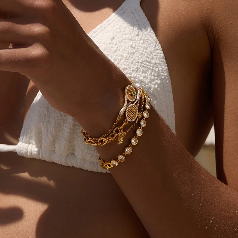 Playful Gold-Plated Tennis Racket Pearl-Effect Chain Bracelet