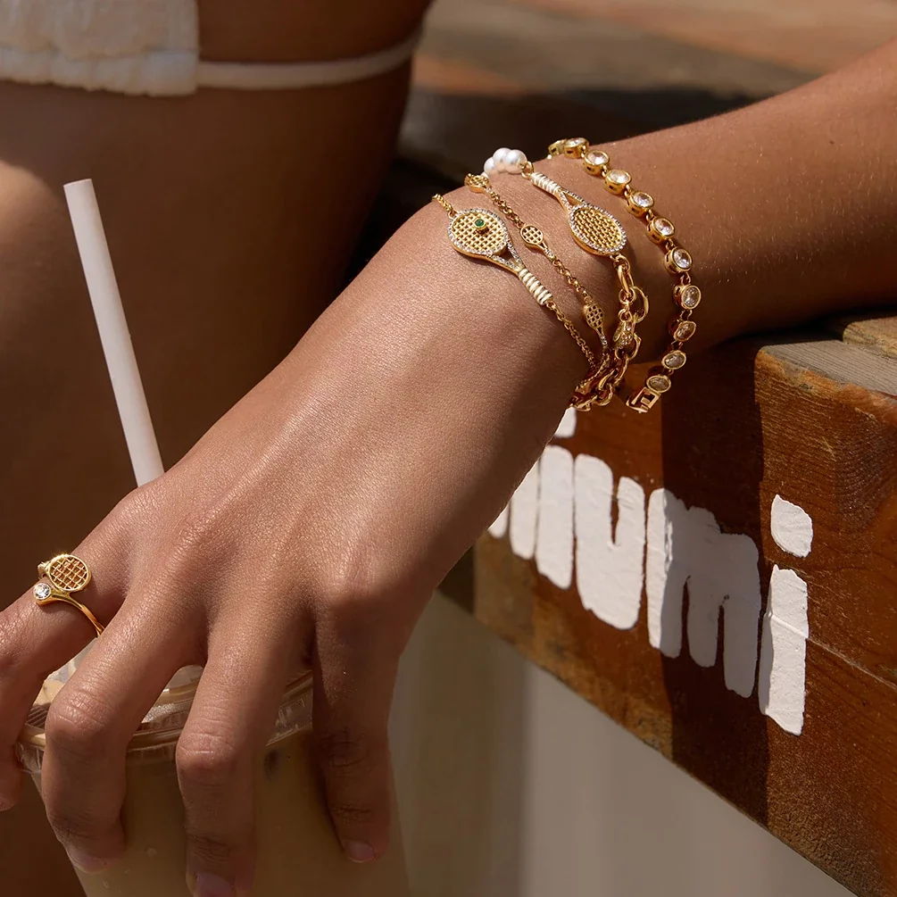 Playful Gold-Plated Tennis Racket Pearl-Effect Chain Bracelet