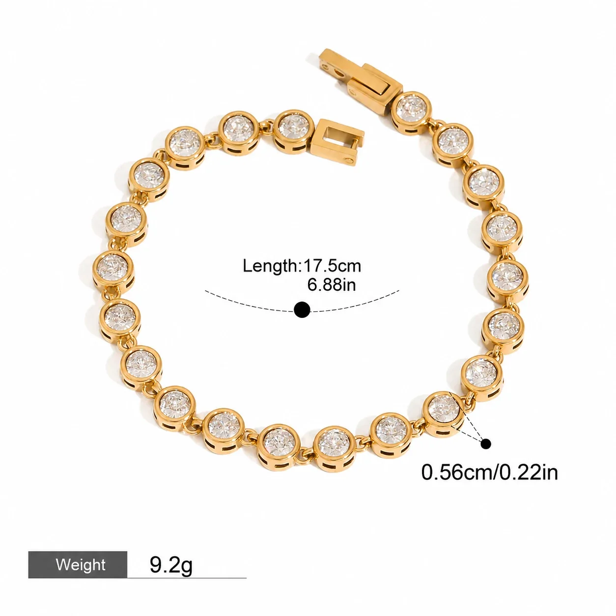 A gold-plated stainless steel chain bracelet with tennis-racket and pearl-effect charms, photographed on a white background