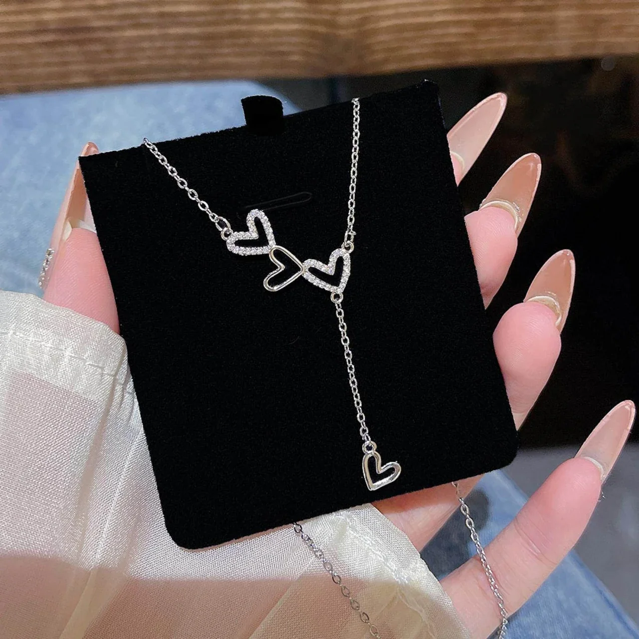 Delicate Triple Heart 925 Sterling Silver Tassel Necklace