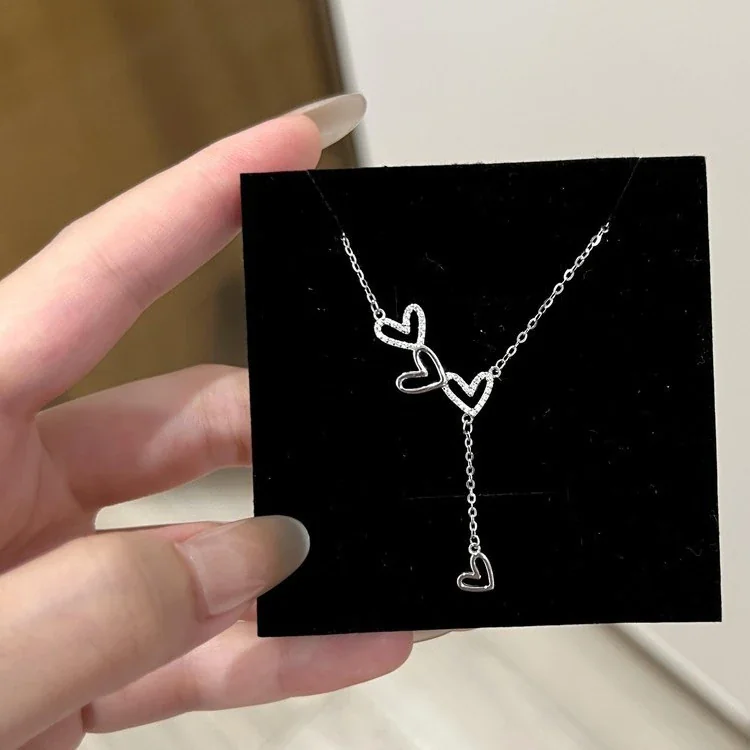 Delicate Triple Heart 925 Sterling Silver Tassel Necklace