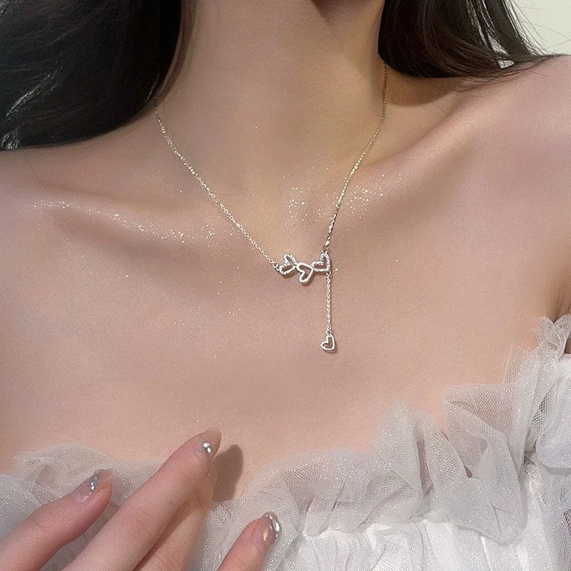 Delicate Triple Heart 925 Sterling Silver Tassel Necklace