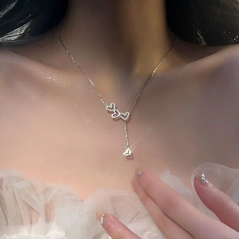 Delicate Triple Heart 925 Sterling Silver Tassel Necklace