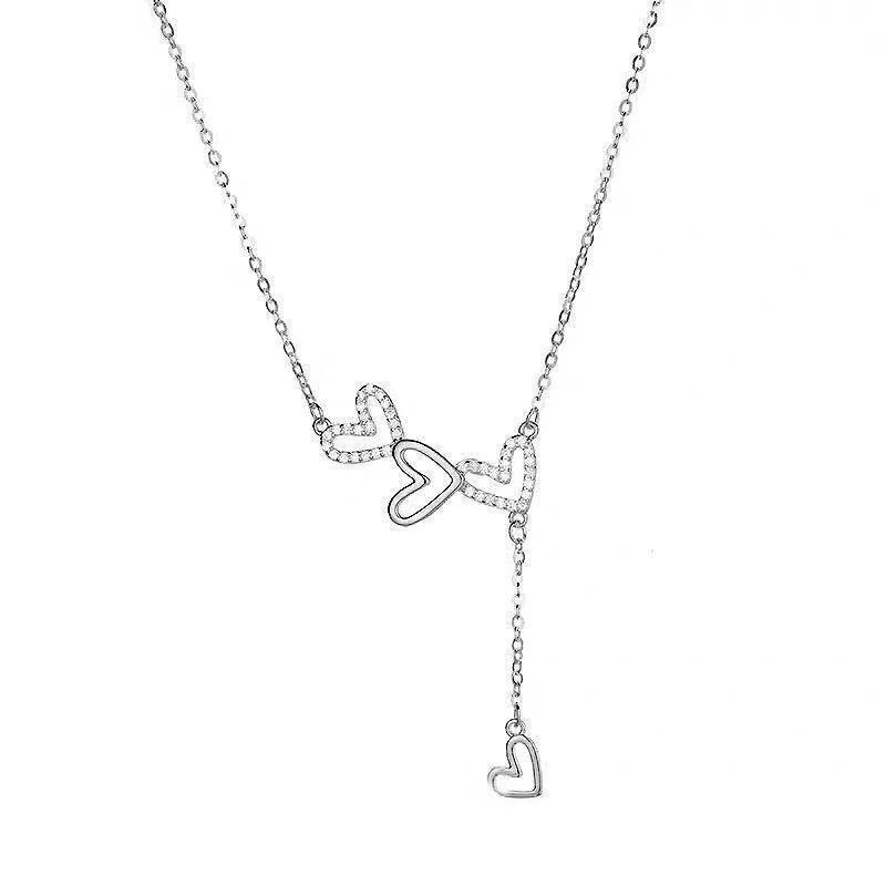 Delicate Triple Heart 925 Sterling Silver Tassel Necklace - Silver